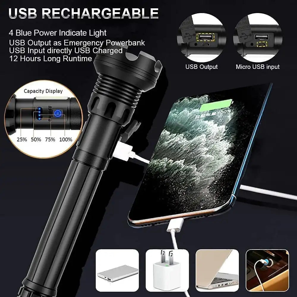 90000 High Lumens LED Rechargeable Tactical Laser Flashlight
